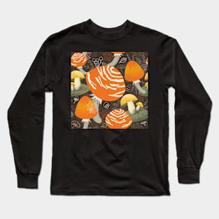 My orange mushroom garden on dark brown Long Sleeve T-Shirt